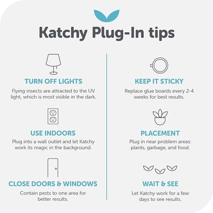 KATCHY Indoor Plug-in Insect Trap - Catcher & Killer for House Flies, Mosquitoes, Fruit Flies, Gnants, and Mosquitos - Chemical-Free, Eco-Friendly, Easy to Clean (2 Pack with 8 Glue Boards)