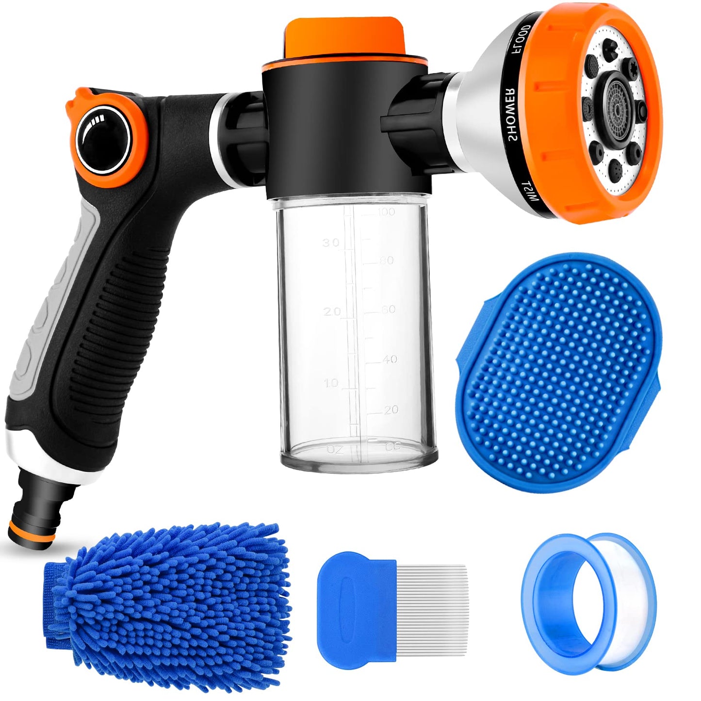 Upgrade Pup Jet Dog Wash for Outdoor, Dog Shampoo Hose Attachment with Soap Dispenser, Dog Wash Hose Attachment with Pet Bath Brush Car Wash Mitt and Dog Comb for Showering Pet (Hose Not Include)