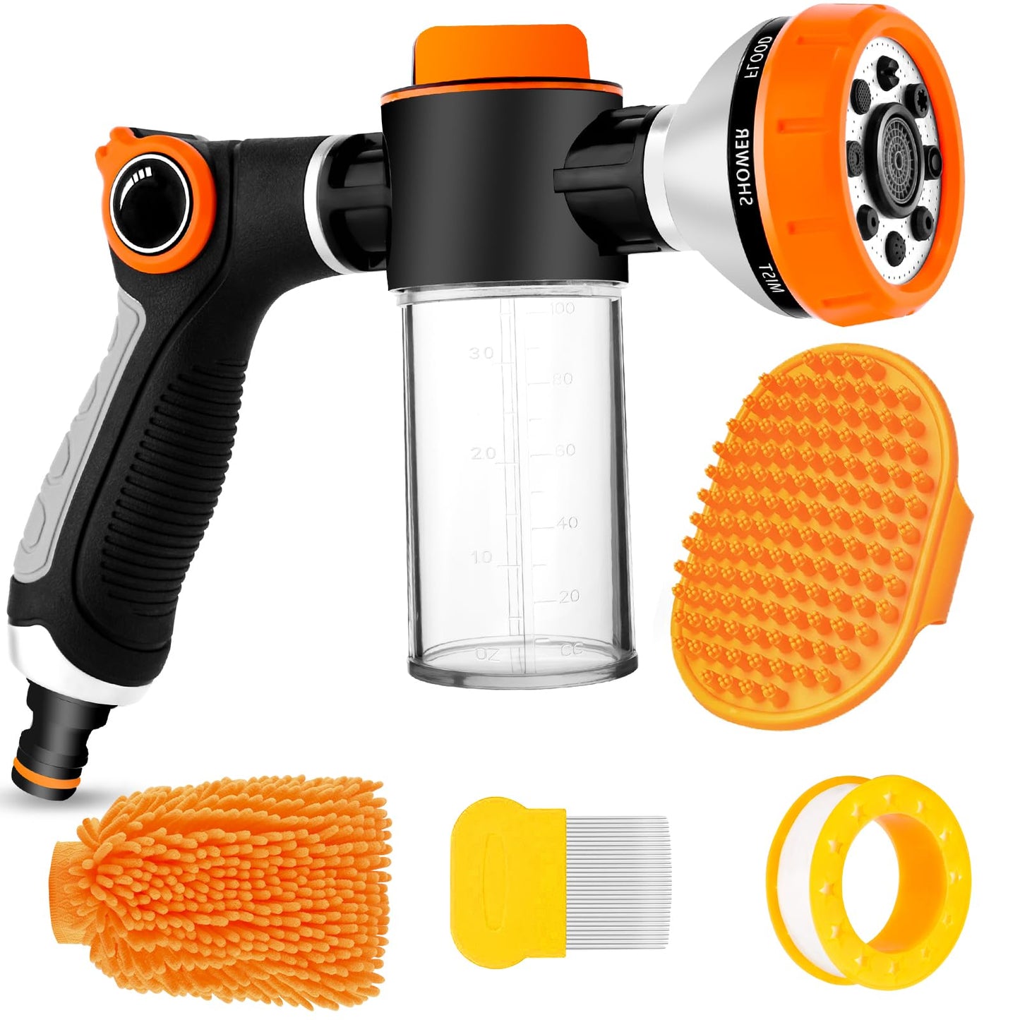 Upgrade Pup Jet Dog Wash for Outdoor, Dog Shampoo Hose Attachment with Soap Dispenser, Dog Wash Hose Attachment with Pet Bath Brush Car Wash Mitt and Dog Comb for Showering Pet (Hose Not Include)