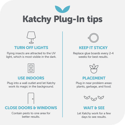 KATCHY Indoor Plug-in Insect Trap - Catcher & Killer for House Flies, Mosquitoes, Fruit Flies, Gnants, and Mosquitos - Chemical-Free, Eco-Friendly, Easy to Clean (2 Pack with 8 Glue Boards)