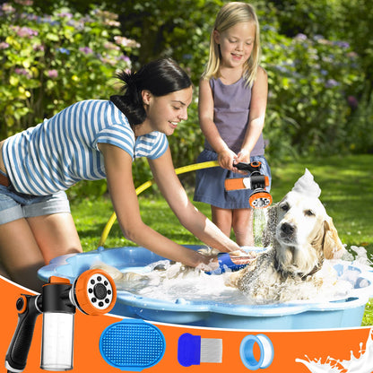 Upgrade Pup Jet Dog Wash for Outdoor, Dog Shampoo Hose Attachment with Soap Dispenser, Dog Wash Hose Attachment with Pet Bath Brush Car Wash Mitt and Dog Comb for Showering Pet (Hose Not Include)