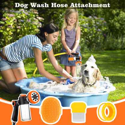 Upgrade Pup Jet Dog Wash for Outdoor, Dog Shampoo Hose Attachment with Soap Dispenser, Dog Wash Hose Attachment with Pet Bath Brush Car Wash Mitt and Dog Comb for Showering Pet (Hose Not Include)