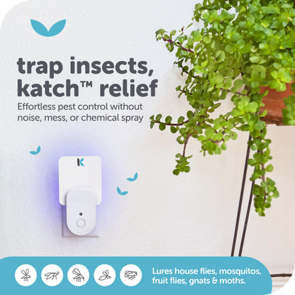 KATCHY Indoor Plug-in Insect Trap - Catcher & Killer for House Flies, Mosquitoes, Fruit Flies, Gnants, and Mosquitos - Chemical-Free, Eco-Friendly, Easy to Clean (2 Pack with 8 Glue Boards)